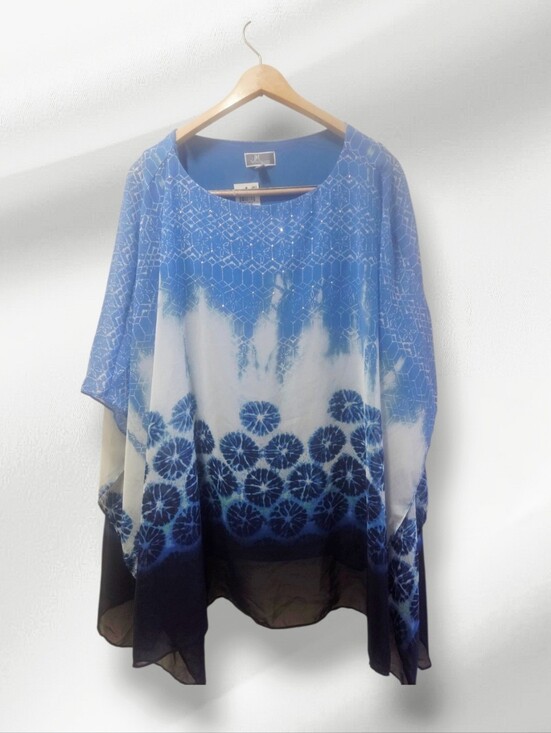 JM Collection Tops - Blue Tie-Dye Floral Print Flutter Sleeve Top. 1X